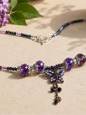 Purple Crystal Beaded Necklace with Butterfly Pendant - Women's Jewelry